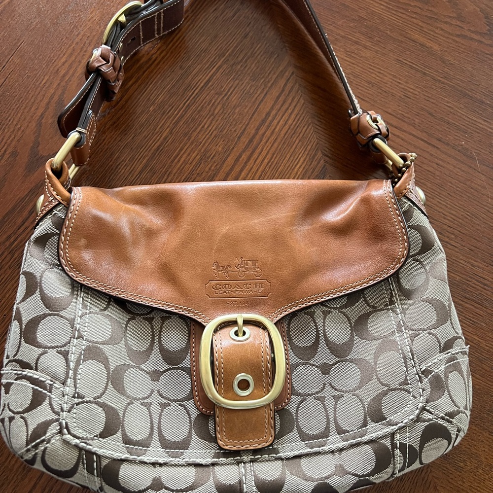 Coach Tan and Brown Signature Shoulder Bag